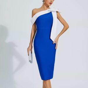 The Braelyn Blue Bow One Shoulder Bandage Dress exudes elegance and style